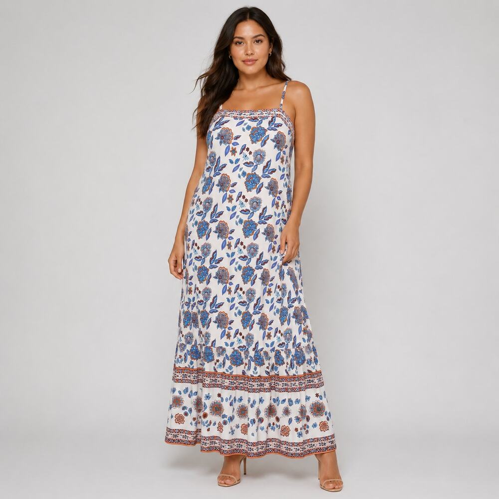 BTFBM Floral Maxi Dress Pink Spaghetti Strap Flowy Large Boho Resort